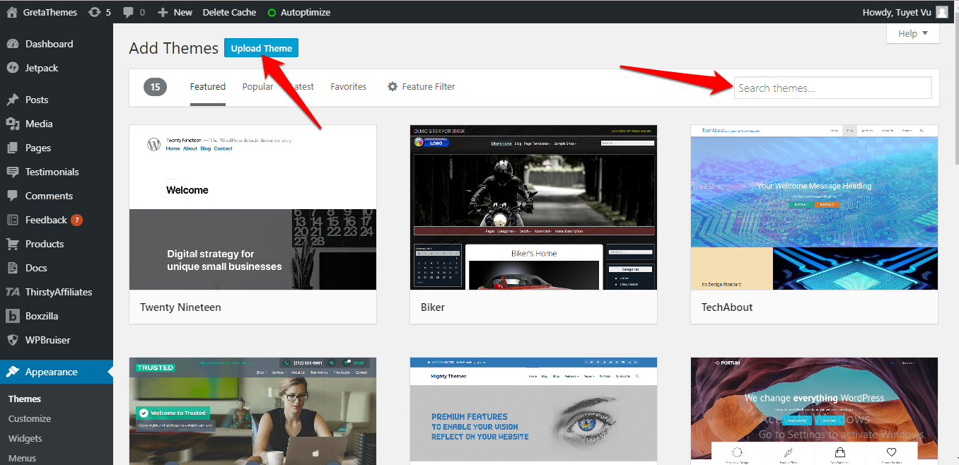 Looking for the themes in the admin dashboard or upload them on your website.